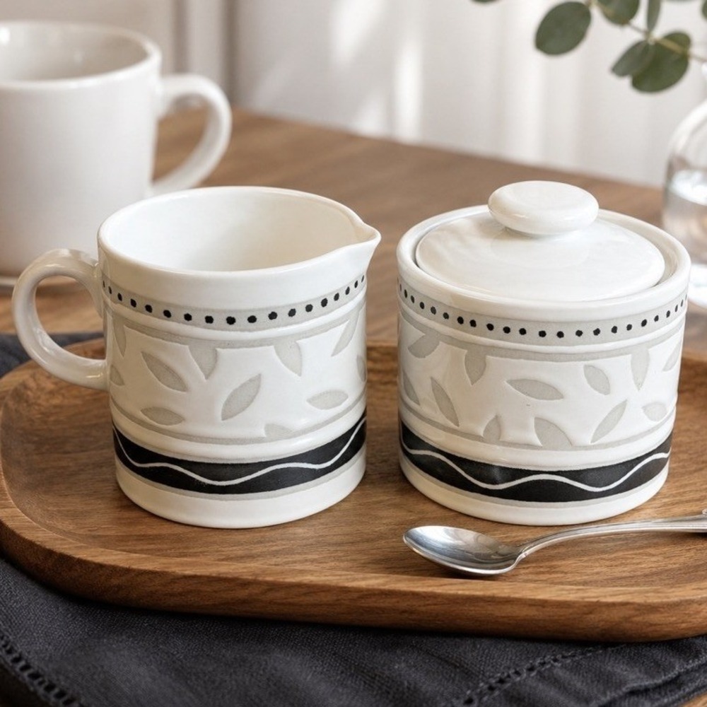 Sakura Port of Call Serenade Creamer and Sugar Bowl Set Stoneware Leaf Pattern